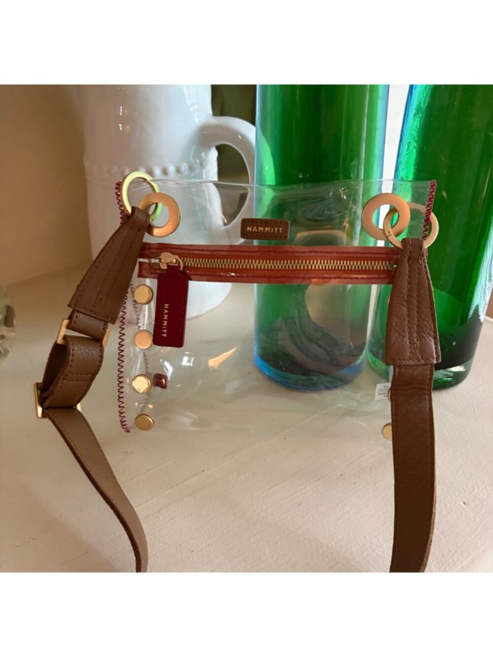 Hammitt Los Angeles Tony Clear & Red with Gold Studded Crossbody Bag Brown Strap - Picture 10 of 12